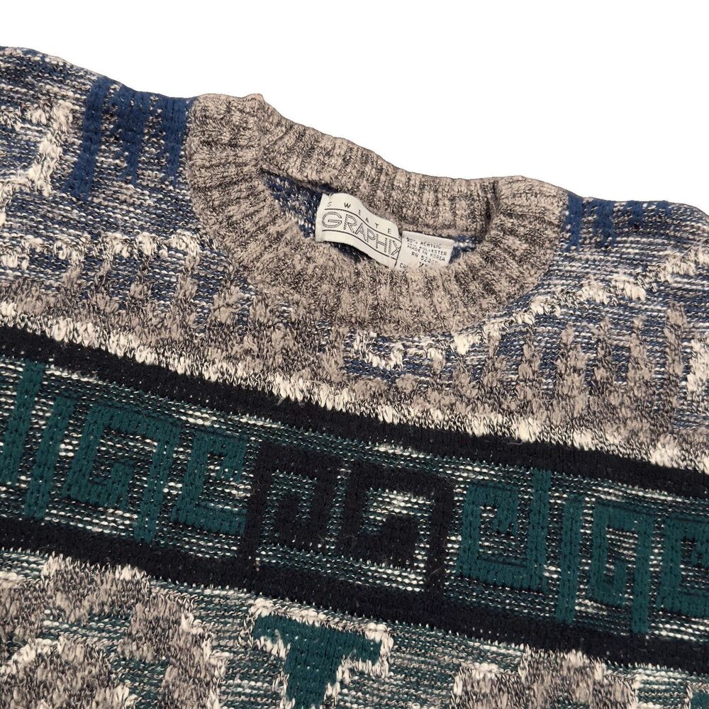 Vintage Sweater Graphix Geometric Knit Cosby Coogi Style Mens XL 90s Gray